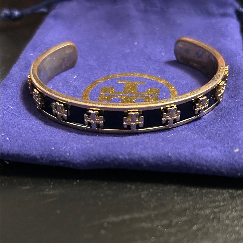 Tory Burch Black and Gold Enamel Logo Cuff